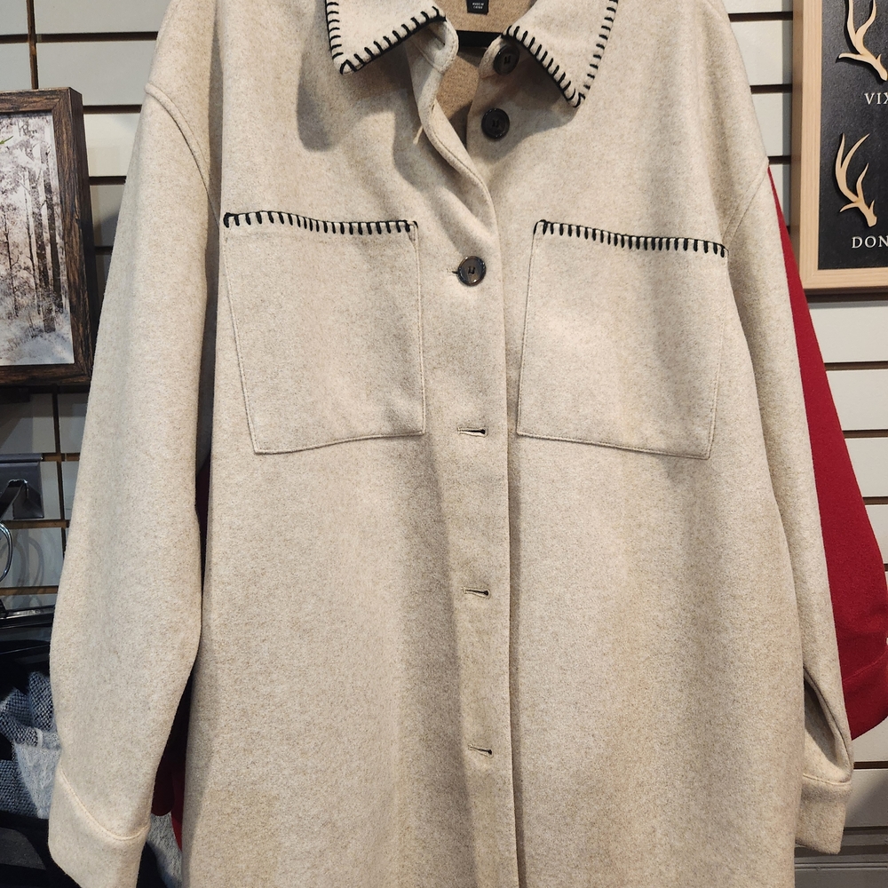 Tribal Wool-Blend Shacket Jacket Tan Whipstitch Detail Size XL
